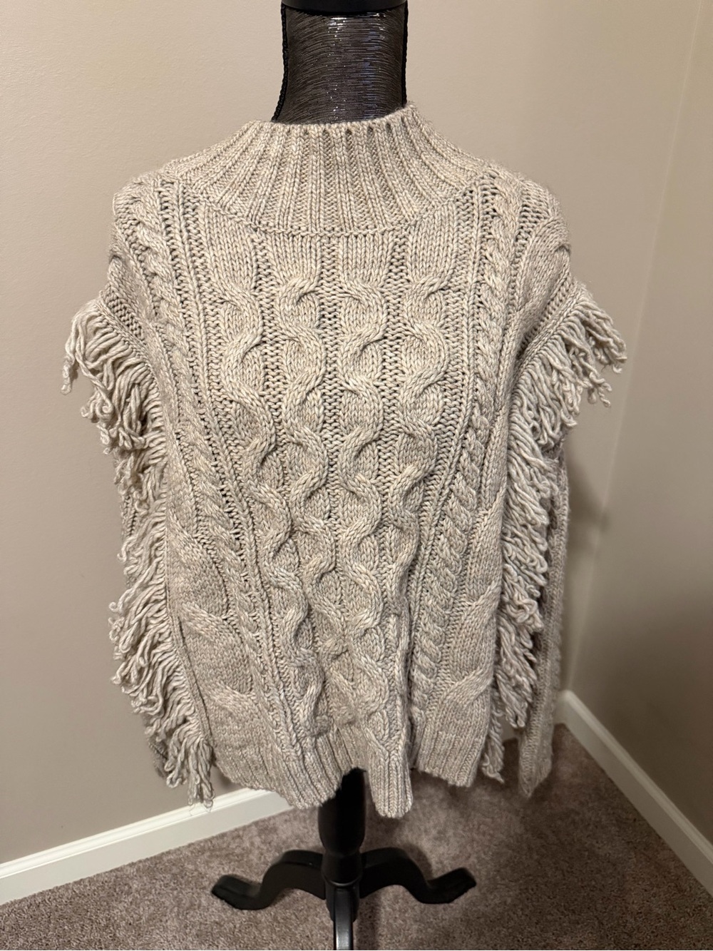 Universal Thread Cable Knit Fringe Poncho - Cream